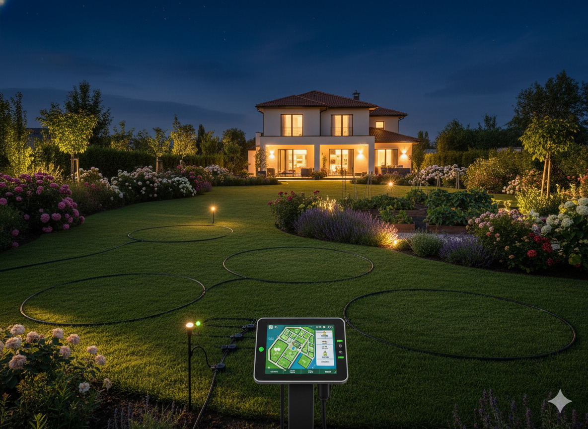 Professional garden lighting illuminating outdoor landscape at night